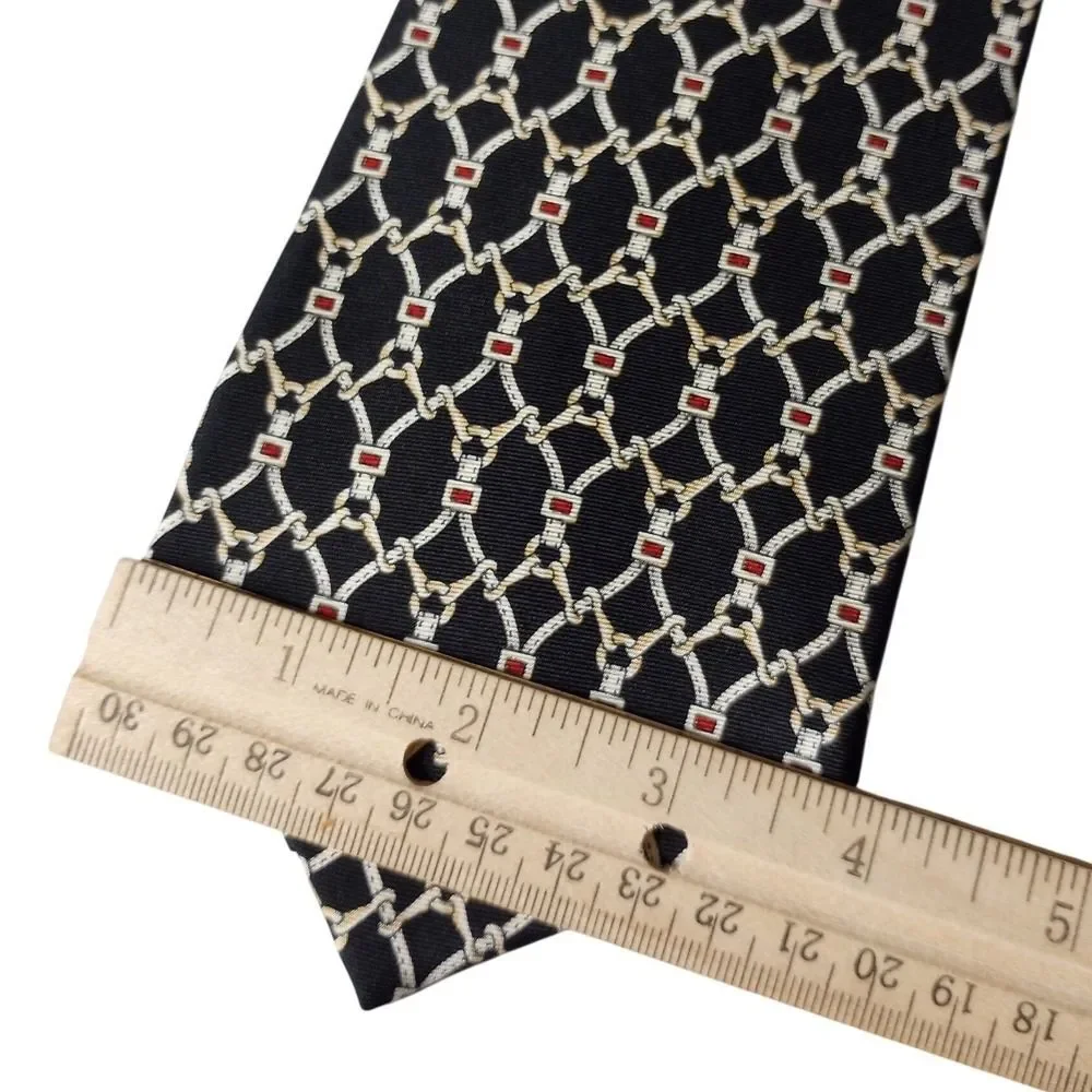 Van Heusen 417 Mens Silk Tie Black Gold Red Geometric Chain Link Pattern Classic